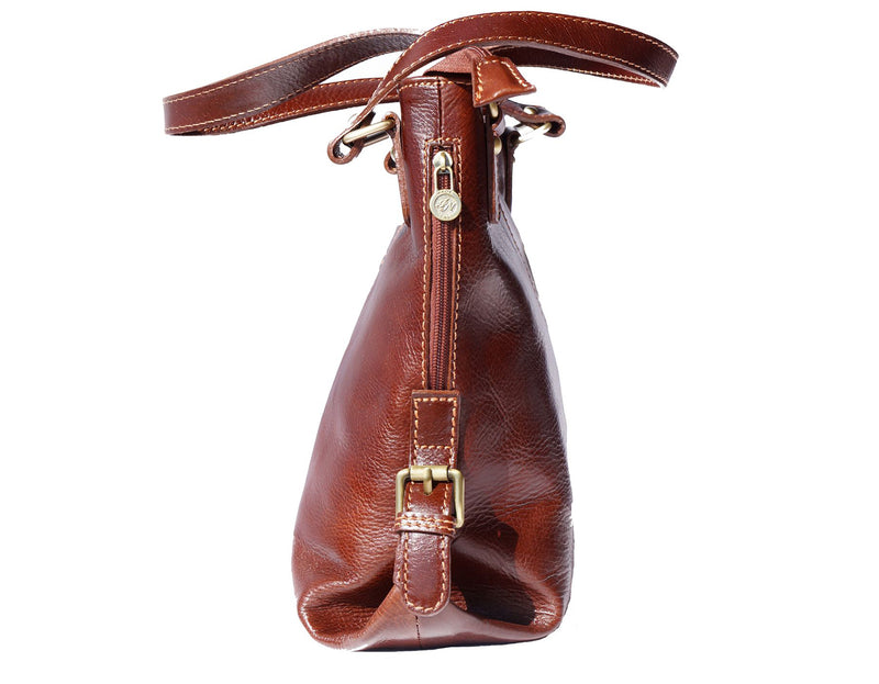 Shopping bag with double handle made of genuine cowhide leather
